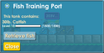 A level 10 Catfish is ready to retrieved from a Fish Tank Port.