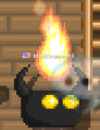A still image of a player equipped with the Helmet of Darkness