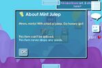 A screenshot of Mint Julep's item description, taken by one of the winners of the race. A message showing that KYDERBY admin JakeShore (then a moderator) had just left the world can also be seen.[9]