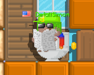 A player sitting on a Toilet