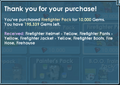 The message displayed after successfully purchasing a Firefighter Pack
