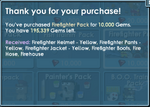 The message displayed after successfully purchasing a Firefighter Pack
