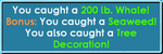 A player manages to catch a perfect Whale, along with a Seaweed and Tree Decorations.